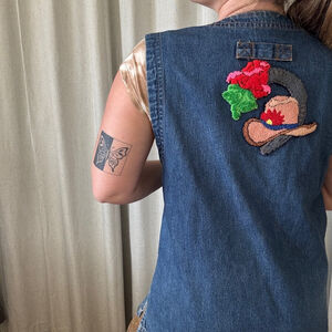 Vintage Long Denim Vest with Unique Tufting • Size: L